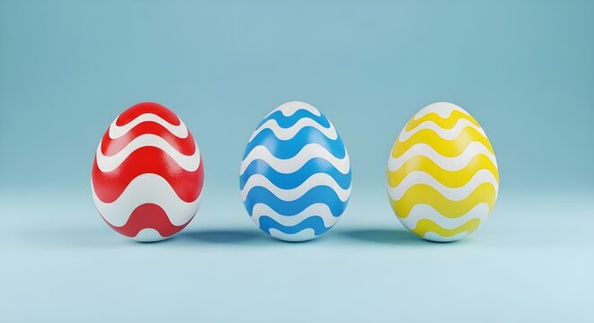 Three colorful Easter eggs with wavy chevron patterns on light blue background