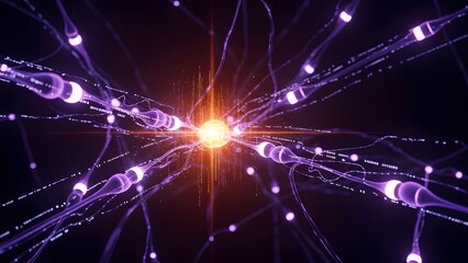 Fototapeta premium Neural network connection and brain neuron synapse activity. Neuroscience and artificial intelligence logic. Purple glowing neurons firing electrical signals across axons
