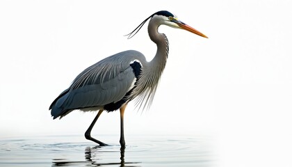 Fototapeta premium Great blue heron with long legs and beak stands in shallow water. Bird has grey feathers and elegant posture. Wildlife subject isolated on clean white background.