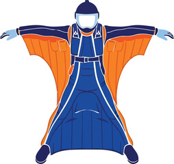 Vector illustration of wingsuit flyer in blue and orange gear for extreme sports and adventure concepts © SAIF820