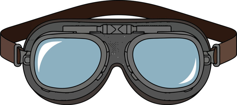 Vintage aviator goggles illustration with brown strap and blue lenses, retro pilot eyewear vector