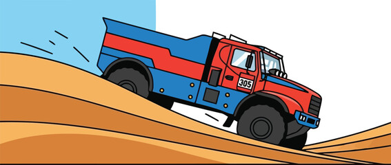 Colorful Dump Truck Illustration Driving on Sand Dune in Cartoon Style for Construction Themes © SAIF820