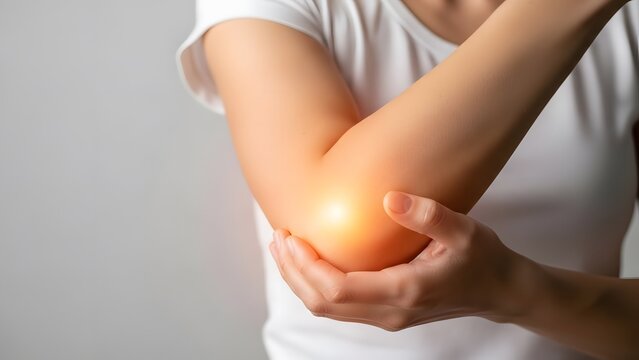 Elbow joint pain and arm inflammation symptoms. Orthopedic healthcare and injury recovery. Woman holding her painful elbow with a glowing red highlight on the skin