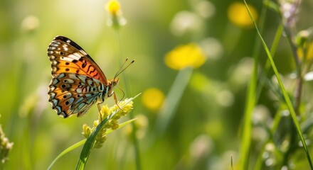 Obraz premium A vibrant butterfly with intricate patterns on its wings is perched on a delicate flower in a lush meadow, surrounded by towering trees and a serene lake.