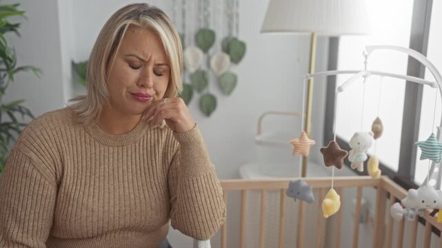 Woman touching forehead beside wooden crib and hanging plush mobile in bright bedroom; maternal anxiety.