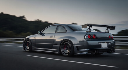 High performance grey sports coupe with a large rear spoiler driving fast on a highway