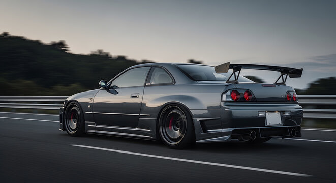 High performance grey sports coupe with a large rear spoiler driving fast on a highway