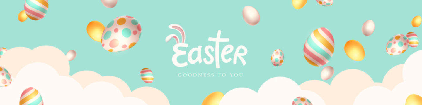 Happy easter banner background with colored easter eggs falling down from the sky.