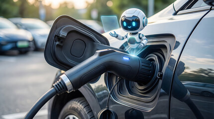 Close-up of an EV charging connector plugged into the vehicle with a cute AI robot explaining charging details.