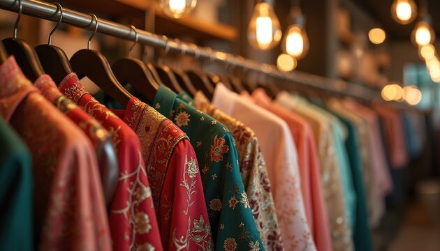 Elegant Indian ethnic wear with gold floral embroidery displayed on hangers. Colorful kurtis and salwar kameez in a boutique setting under warm ambient lighting.