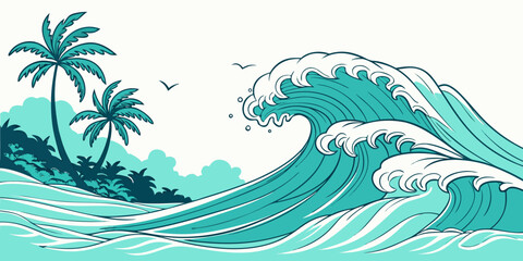 A pixelated image of a wave and palm trees on a tropical island Vector ©  MST RABEYA  BEGUM