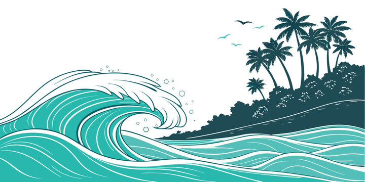 A tropical island with palm trees and a large wave Vector