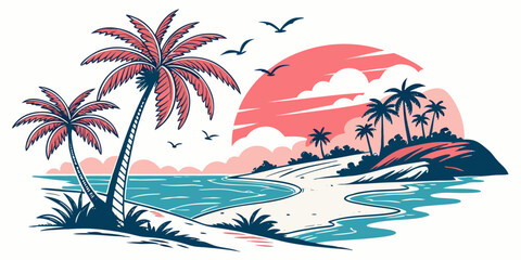 A serene tropical island scene at sunset with palm trees Vector ©  MST RABEYA  BEGUM