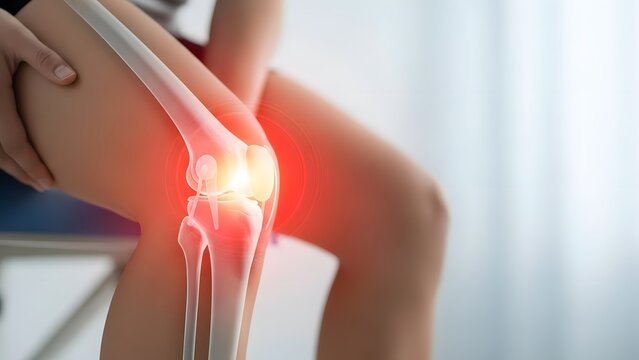 Knee injury and orthopedic pain management. Physical therapy and joint rehabilitation. Person sitting and holding a painful knee with a glowing red anatomical overlay of the joint