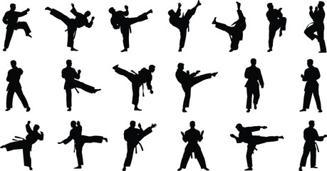 Karate fighter silhouette collection, martial arts kick combat poses vector illustration, taekwondo training athletes isolated self defense action set © Masum's World