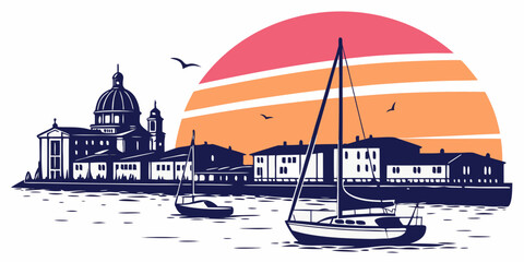 A sailboat in front of a city skyline at sunset Vector ©  MST RABEYA  BEGUM