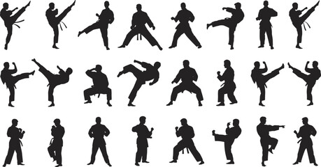 Karate martial arts silhouette collection, fighting combat poses vector illustration, taekwondo kick training athletes isolated self defense action set © Masum's World