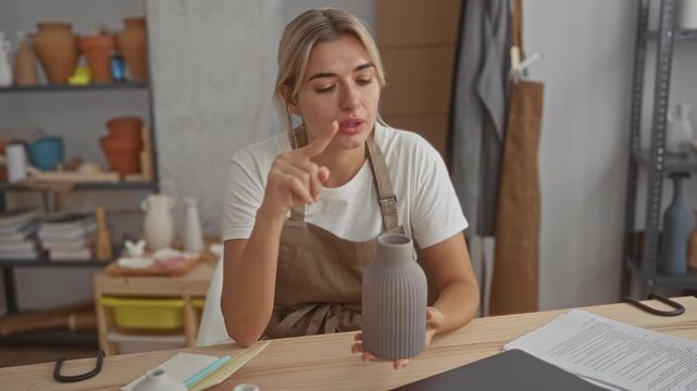 Young woman points finger to ceramic vase while holding it and explaining glaze detail at a pottery studio; thoughtful concentration.