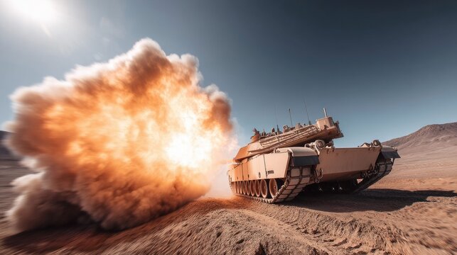 An M1 Abrams tank unleashes a powerful shot, creating an enormous explosion in the desert.