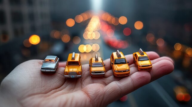 Five tiny toy taxis are held delicately in a human hand against the blurred lights of a city.