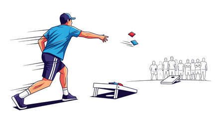 Fototapeta premium Cornhole player throwing bean bags with target and spectators illustration