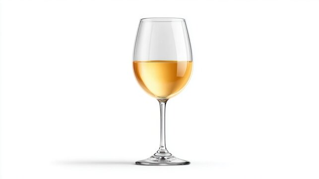 A single glass of golden white wine sits on a clean white background