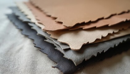 Naklejka na ściany i meble Stack of smooth leather swatches in neutral tones. Natural material samples arranged for texture and color comparison. Craftsmanship detail for fashion and design.