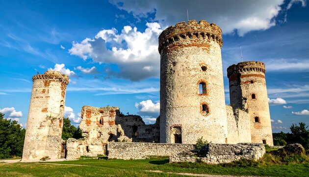 Ruined castle with stone walls, turrets, and grassy lawn under a sunny, partly cloudy sky