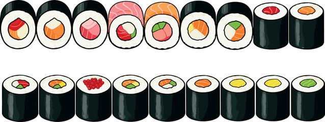 Sushi rolls set – assorted maki with salmon, tuna and avocado illustration © Yevhenii creative