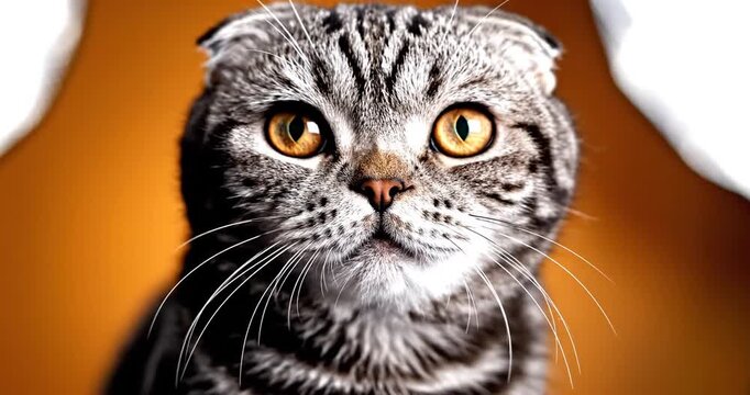 Close-up portrait of a Scottish Fold cat with striking orange eyes against a warm background