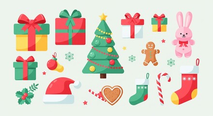 Fototapeta premium Christmas Elements Vector Illustration Set, Festive Holiday Icons and Symbols, Flat Design for Greeting Cards and Decorations