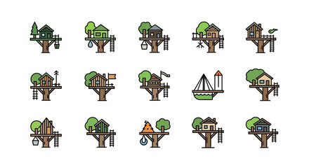 Fototapeta premium Collection of treehouse icons in various designs and styles.
