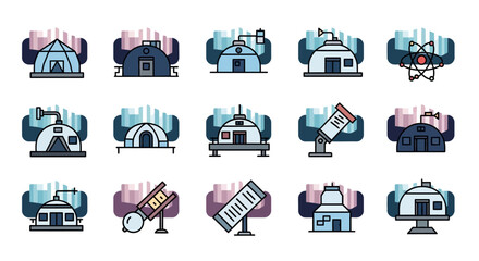 Collection of various igloo and arctic research station icons under the northern lights, showcasing different designs and scientific equipment in a cold environ © ryu