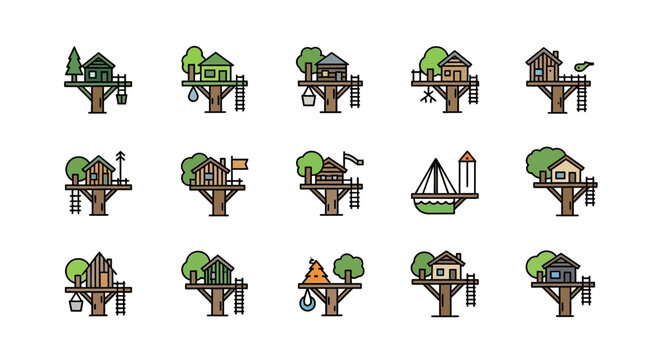 Collection of treehouse icons in various designs and styles.