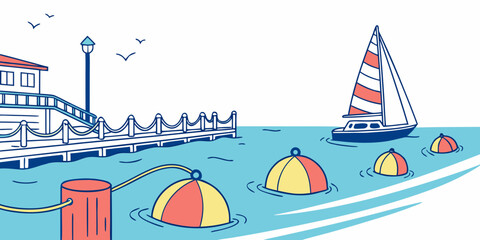 A colorful illustration of a beach scene with a sailboat and buoys Vector ©  MST RABEYA  BEGUM
