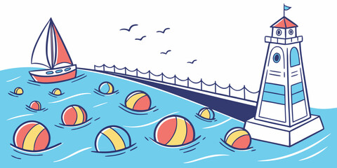 A lighthouse and a sailboat on a body of water with buoys Vector ©  MST RABEYA  BEGUM