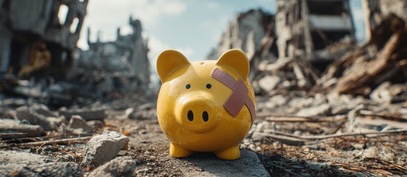 Yellow piggy bank with bandage stands firmly in a war torn landscape
