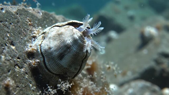 Closeup underwater view of a barnacle opening its shell to reveal delicate feathery appendages.