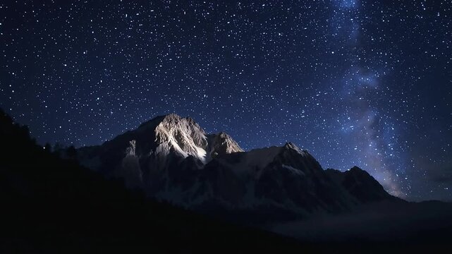 Realistic night time-lapse of a mountain under a quiet starry sky. Subtle star movement