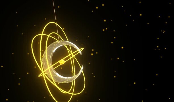 Abstract 3D animation of a glowing golden crescent moon with rotating atomic orbits and particles on a black background