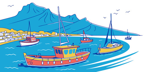 Boats are anchored in a picturesque bay with a large mountain in the background Vector ©  MST RABEYA  BEGUM