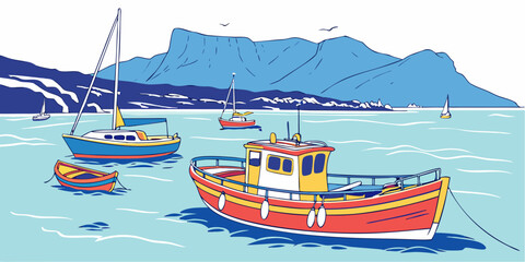 Boats are anchored in the calm waters of a picturesque bay Vector ©  MST RABEYA  BEGUM