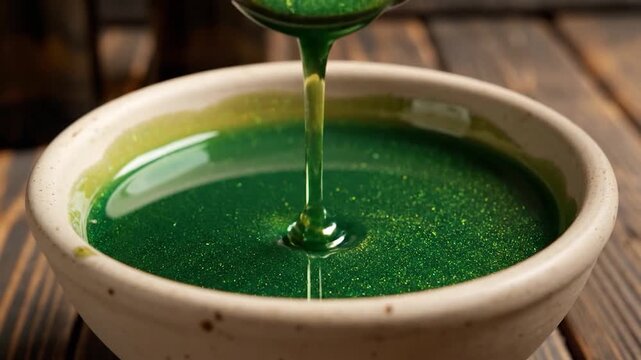 Wooden spoon drips shimmering green liquid into a ceramic bowl on a wooden
