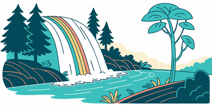 A colorful waterfall with a rainbow in a natural setting Vector