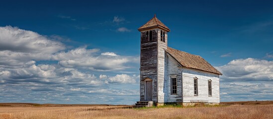 Old abandoned rustic church in a vast grassy field under clear blue sky