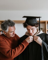 Fototapeta premium Proud father helping son with graduation gown and mortarboard in a bright apartment setting, celebrating college commencement and family achievement milestones