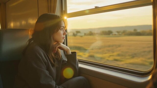 cinematic footage inside a traditional train during golden hour