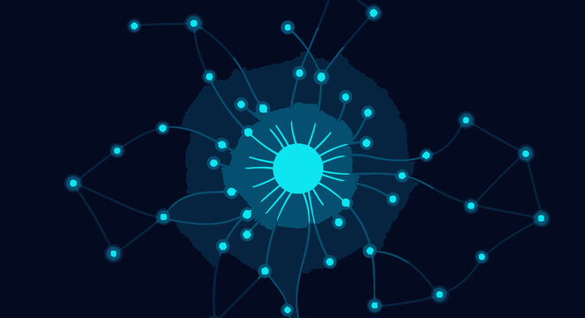 Dynamic central network hub on dark blue background with glowing connections radiating outwards depicting digital data flow and global reach