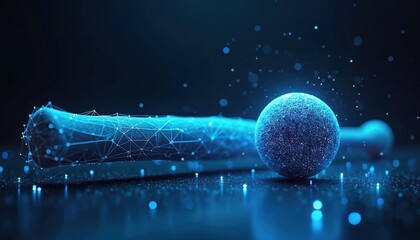 Futuristic baseball bat and ball rendered in glowing blue wireframe. Digital art shows low poly geometric shapes with scattered particles in dark background, science concept.