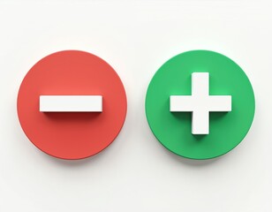 Obraz premium Red circle with white minus sign and green circle with white plus sign. Simple choice selection interface elements. Conceptual buttons for user choice.